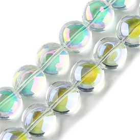 Transparent Electroplate Glass Beads Strands, Flat Round
