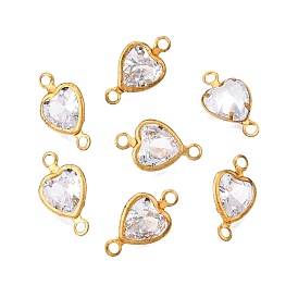 Brass Clear Cubic Zirconia Connector Charms, Heart Links