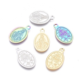 Ion Plating(IP) 304 Stainless Steel Charms, Laser Cut, Oval with Virgin Mary