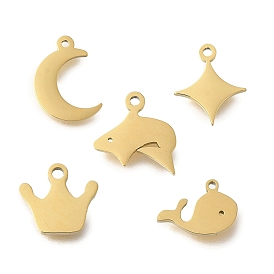 304 Stainless Steel Charms, Laser Cut, Golden, Crown & Star & Moon & Shark & Dolphin Charm