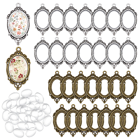 30 Stück Vintage-Anhänger im tibetischen Stil aus einer Legierung, Cabochon-Fassung, offene Rückseite, cadmiumfrei und bleifrei, 30pcs transparente Glascabochons, ellipsenförmige