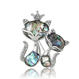 Alloy Rhinestone Brooch for Backpack Clothes, with Shell, Cat Shape