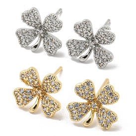Brass with Clear Cubic Zirconia Stud Earrings, Flower