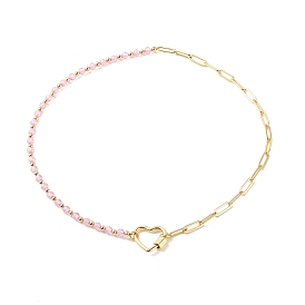 Cubic Zirconia Round Beaded Necklace, Brass Paperclip Chains Necklace with Screw Carabiner Heart Lock Clasp for Women, Golden