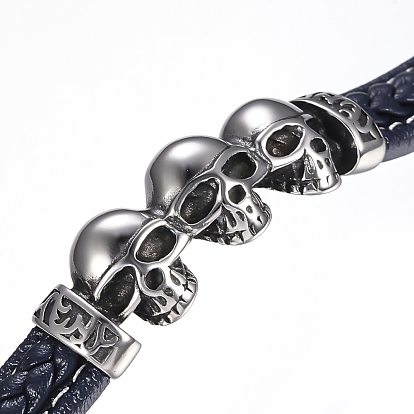 Men's Braided Leather Cord Bracelets, with 304 Stainless Steel Findings and Magnetic Clasps, Skull