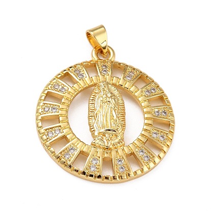 Brass Micro Pave Clear Cubic Zirconia Pendants, Flat Round with Virgin Mary