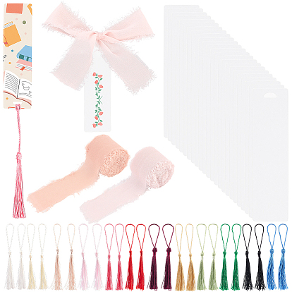 DIY-Lesezeichen-Kits, 24 Stück transparente, leere Acryl-Lesezeichen, 24pcs Polyester Quaste große Anhänger Dekorationen, ausgefranstes Fransenband aus Polyester