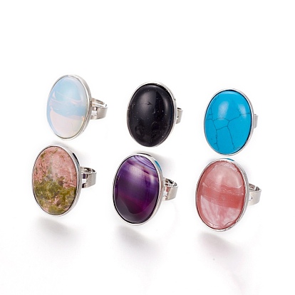 Adjustable Natural & Synthetic Gemstone Finger Rings, with Platinum Brass Findings, Oval