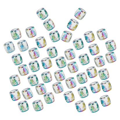 50Pcs Electroplate Glass Beads, Column with Butterfly Pattern