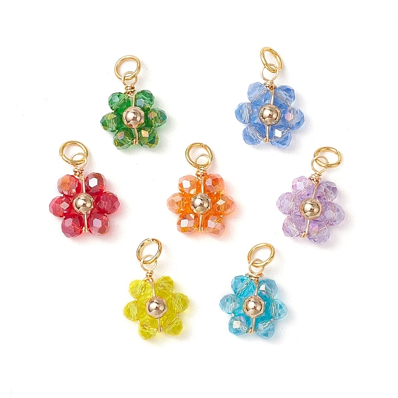7шт 7цвета стеклянные подвески-цветы, с настоящим 18позолоченным 304нержавеющим стальным открытыми соединительными кольцами, латунной бусиной и медной проволокой, граненые