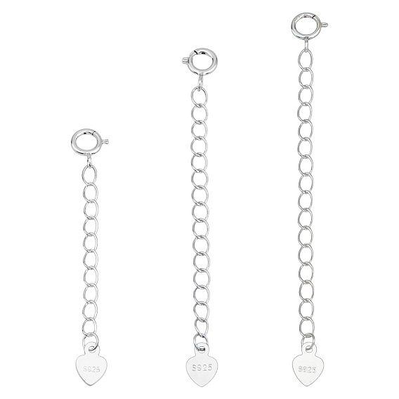 3 шт. 3 стили удлинитель цепи панцирного плетения из стерлингового серебра, цепочка с застежками-карабинами и петлями в форме сердца, с 1поликарбонатной замшей