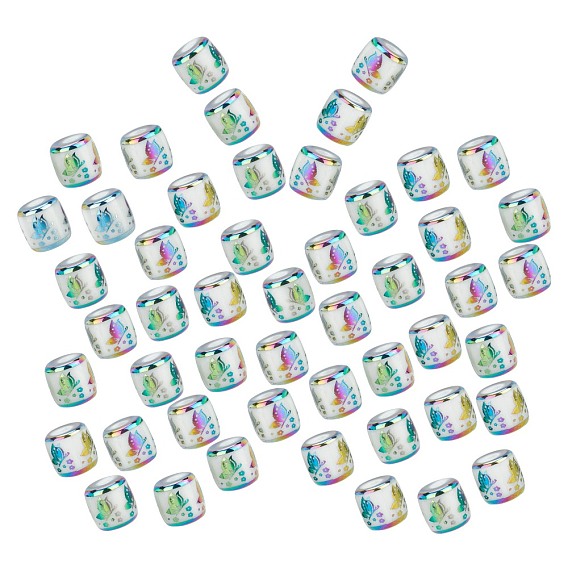 50Pcs Electroplate Glass Beads, Column with Butterfly Pattern