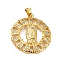 Brass Micro Pave Clear Cubic Zirconia Pendants, Flat Round with Virgin Mary