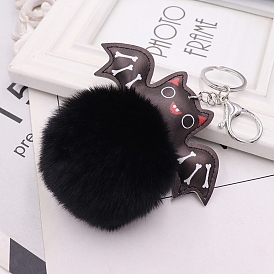 Bat Furry Pom-Pom Keychain for Women, Polypropylene Imitation Rabbit Fur Car Charm Bag Pendant
