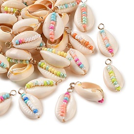 Подвески из натуральной каури, со стеклянными бисеринами, Подвески в форме ракушки с петлями из медной проволоки золотистого цвета