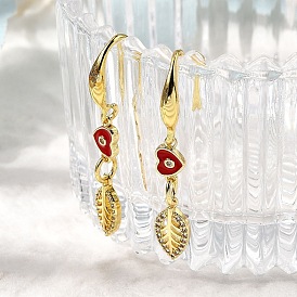 Серьги-подвески из латуни с микропаве из прозрачных кубических цирконий в форме листа с сердцем, с эмалью, долговечный, стойки покрытие, без кадмия и без свинца