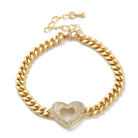 Brass Micro Pave Clear Cubic Zirconia Hollow Heart Cuban Link Chains Bracelets for Women