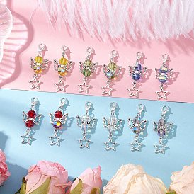 12 шт 6 цвета прозрачные гальванические стеклянные подвесные украшения, с застежками-карабинами и бусинами из сплава, ангел и звезда