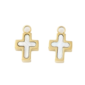 Natural Shell Charms, Ion Plating(IP) 304 Stainless Steel Religion Cross Charms, Manual Polishing