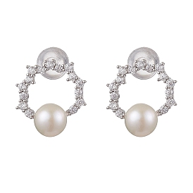 Natural Pearl Ear Studs, with Sterling Silver Micro Pave Clear Cubic Zirconia Findings, Round