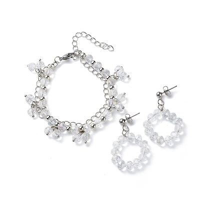 Glass Brided Beaded Dangle Stud Earrings & Multi-strand Bracelet, Brass Jewelry Set for Women