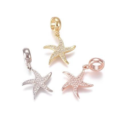 Brass Micro Pave Clear Cubic Zirconia European Dangle Charms, Large Hole Pendants, Starfish/Sea Stars