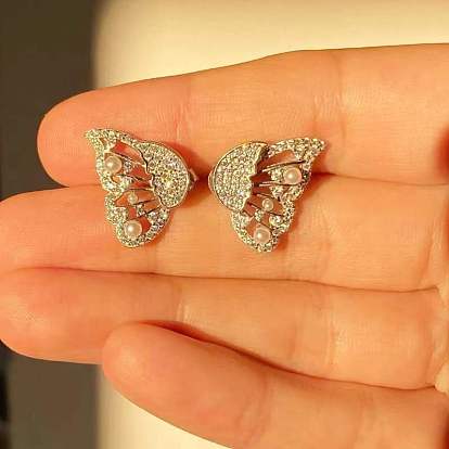 Butterfly Wing Alloy with Rhinestone Stud Earrings, with Resin Imitation Pearl Beads