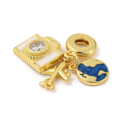 Rack Plating Brass Enamel European Dangle Charms, Airplane Earth Camera Large Hole Charms, with Cubic Zirconia, Long-Lasting Plated, Lead Free & Cadmium Free