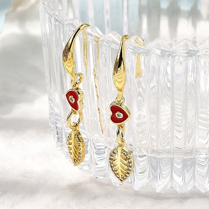 Серьги-подвески из латуни с микропаве из прозрачных кубических цирконий в форме листа с сердцем, с эмалью, долговечный, стойки покрытие, без кадмия и без свинца