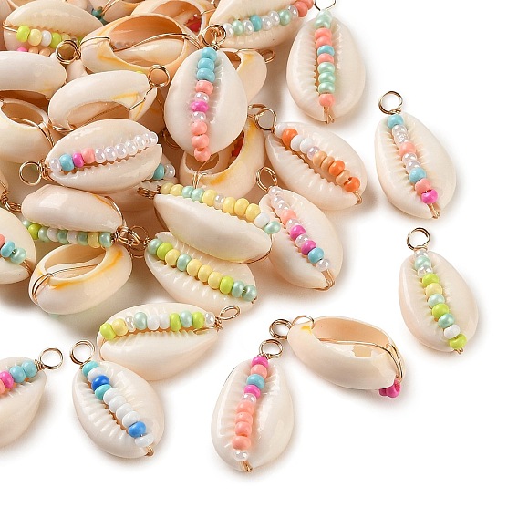 Подвески из натуральной каури, со стеклянными бисеринами, Подвески в форме ракушки с петлями из медной проволоки золотистого цвета