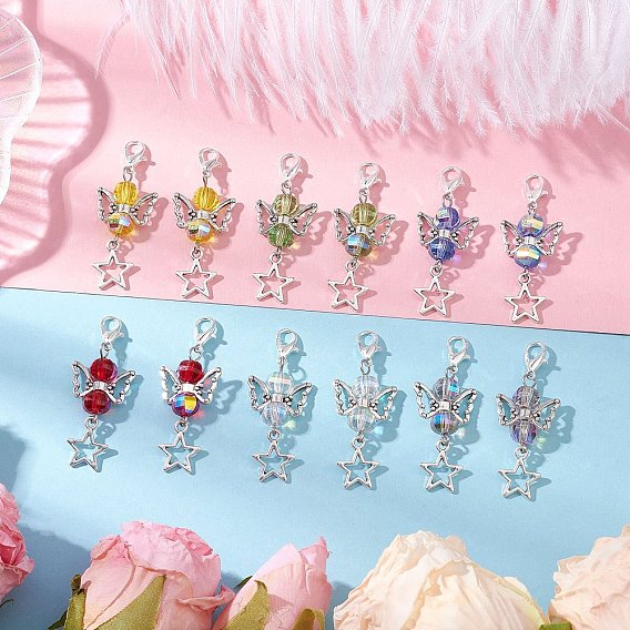 12 шт 6 цвета прозрачные гальванические стеклянные подвесные украшения, с застежками-карабинами и бусинами из сплава, ангел и звезда