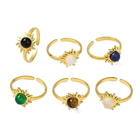 Natural Gemstone Finger Rings, Sun Golden Tone 304 Stainless Steel Open Cuff Rings for Women