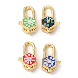 Brass Lobster Claw Clasps, with Enamel & Shell, Long-Lasting Plated, Lead Free & Cadmium Free, Real 18K Gold Plated, Hexagon