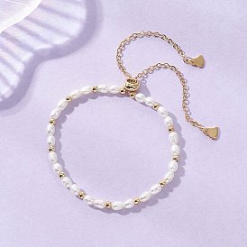 Натуральные искусственные пресноводные и латунные браслеты-слайдеры, 304 Браслеты из латунных цепочек для женщин, рис, кремово-белые