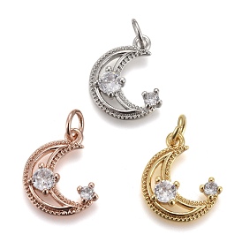 Brass Micro Pave Clear Cubic Zirconia Charms, with Jump Rings, Long-Lasting Plated, Moon