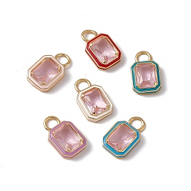 Pink Glass Rectangle Pendants, with Real 18K Gold Plated Rack Plating Brass Findings and Enamel, Cadmium Free & Lead Free & Nickle Free