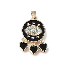 Brass Micro Pave Clear Cubic Zirconia Pendants, with Black Enamel, Flat Round with Evil Eye & Heart Tassel Charms