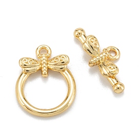 Brass Toggle Clasps, Long-Lasting Plated, Ring with Dragonfly
