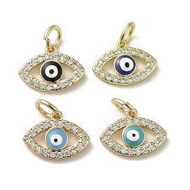 Brass Micro Pave Cubic Zirconia Charms, with Enamel, with Jump Ring, Real 18K Gold Plated, Evil Eye