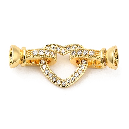 Rack Plating Brass Pave Clear Cubic Zirconia Fold Over Clasps, Lead Free & Cadmium Free, Long-Lasting Plated, Heart