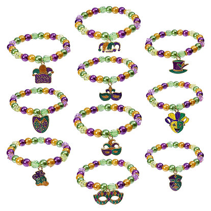 10Pulseras de perlas de vidrio y acrílico de carnaval, con los colgantes de la aleación del esmalte