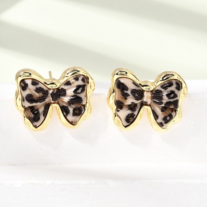 Латунь серьги, бантом с леопардовым принтом, cmолой, стойки покрытие, долговечный, без кадмия и без свинца