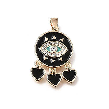 Brass Micro Pave Clear Cubic Zirconia Pendants, with Black Enamel, Flat Round with Evil Eye & Heart Tassel Charms