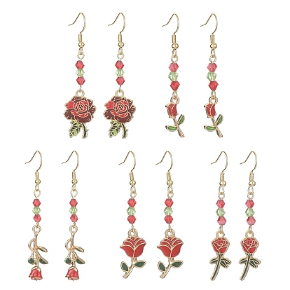 Valentine's Day Theme Alloy Enamel Rose Dangle Earrings with Glass Beaded, 304 Stainless Steel Earrings