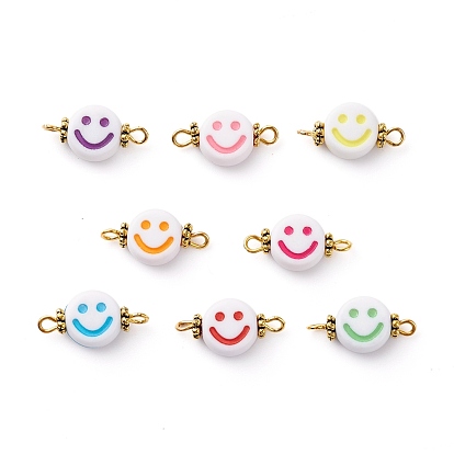 Opaque Acrylic Links, with Antique Golden Plated Alloy Findings, Smiling Face