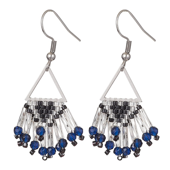 Synthetic Blue Spinel & Seed Beaded Tassel Dangle Earring, 304 Stainless Steel Triangle Earrings