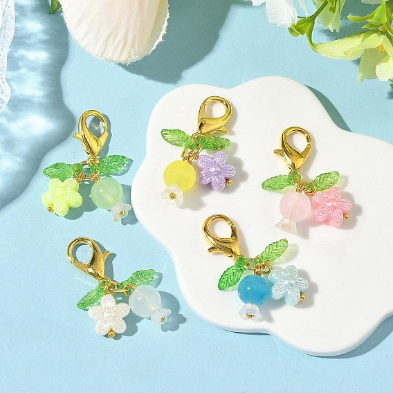 Подвески из акрила и стекла, Сплав с застежками когтя омара, цветок и листья