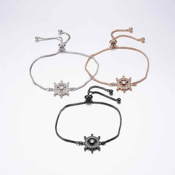 Bracelets réglables en laiton à micro-pavé de zircons cubiques, bracelets de slider, avec des chaînes de boîte en laiton, barre