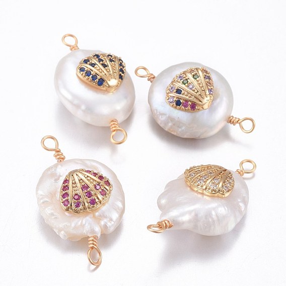 Natural Pearl Links Connectors, with Brass Cubic Zirconia Findings, Nuggets with Shell, Golden