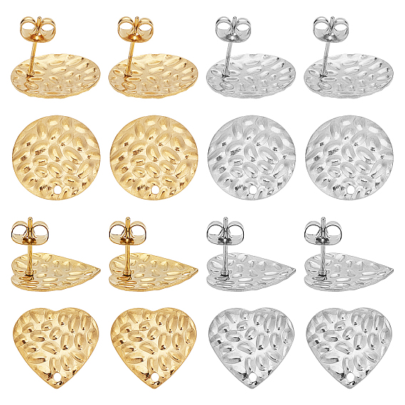 304 Stainless Steel Stud Earring Findings, with Ear Nuts, Flat Round and Heart